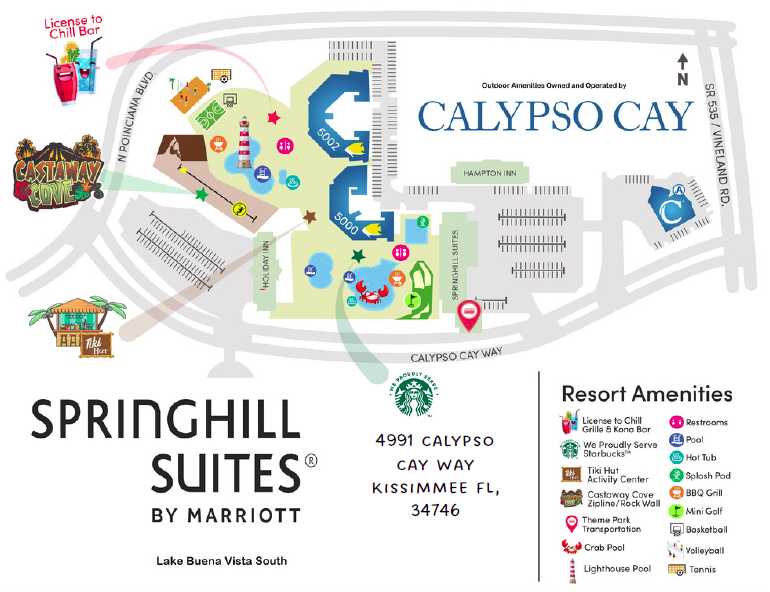 Calypso Cay resort amenities map showing SpringHill Suites and nearby pools and recreation